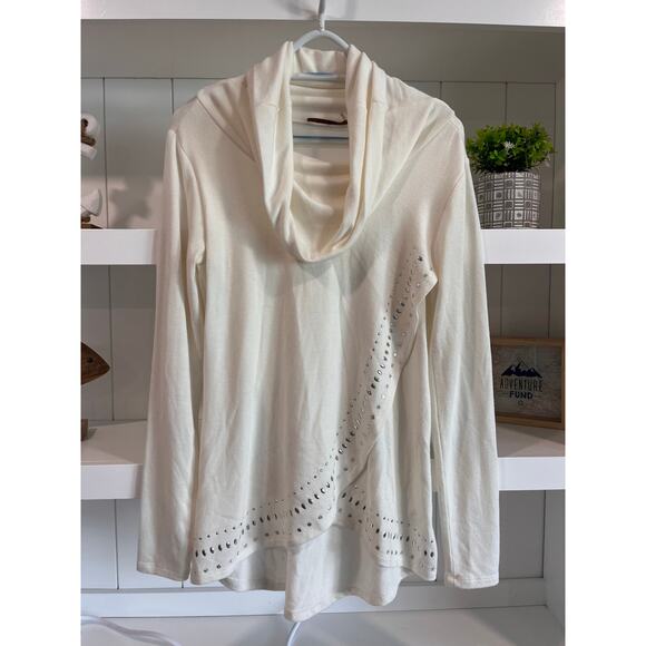 Belldini Small White Cowl Neck Top Embellished Glam Soft Stretch Knit Sweater - Picture 1 of 11